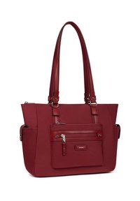 Borsa tote rossa con due manici robusti, corpo in tessuto testurizzato e tasca con zip sul davanti. Presenta cinturini a contrasto e dettagli in metallo argentato.