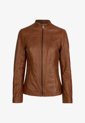 Bruine leren jas met een staande kraag, centrale rits, zijzakken met rits en een getailleerde pasvorm voor een slanke silhouet.