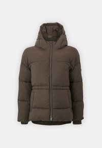 Brun pufferjakke med hette, med glidelås, kviltet tekstur og elastiske mansjetter. Designet for varme og komfort.