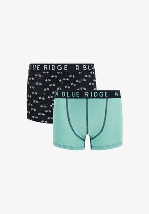 Black and mint green boxer briefs with contrasting waistbands. The black pair features a bicycle print, while the mint green is solid with stitching accents.