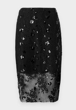 Schwarzer Spitzen-Bleistiftrock mit floralen Paillettenverzierungen und einem transparenten Spitzenbesatz am Saum.