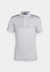 Ljusgrå kortärmad polo med tre knappar, vikbar krage och en liten vit logotyp på vänster bröst.