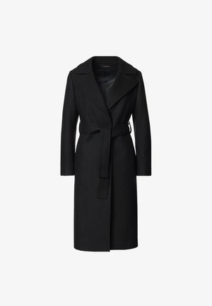 Czarny wełniany płaszcz z długimi rękawami, szerokim klapą i dopasowanym paskiem. Charakteryzuje się prostym krojem i minimalistycznym designem.