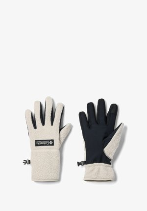 Guanti foderati in pile con un esterno crema e un interno nero. Include una toppa con logo e cinturino regolabile per una vestibilità sicura.