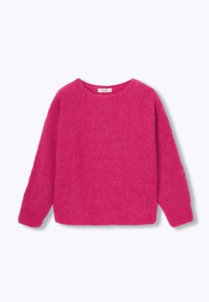 Pull tricoté rose à manches longues, col rond et ourlet côtelé. Le matériau présente une finition texturée, ajoutant de la profondeur à l'apparence générale.