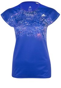 Blue athletic shirt with a gradient design, short cap sleeves, and an adidas logo. Made from a smooth, moisture-wicking fabric.