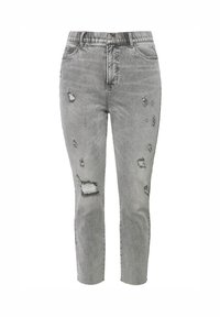 Jeans de denim gris con un ajuste slim, que presentan áreas desgastadas y dobladillos deshilachados. Diseño clásico de cinco bolsillos y cierre de botón en la cintura.