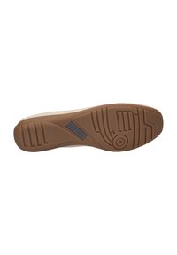 Light-colored shoe sole with a textured brown rubber bottom, featuring a circular pattern and a rectangular logo label.