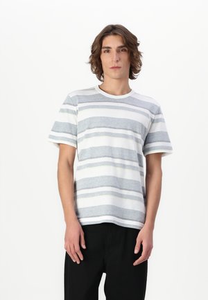Striped short-sleeve t-shirt in white, light gray, and dark gray. Crew neck design with a textured fabric and horizontal stripes.
