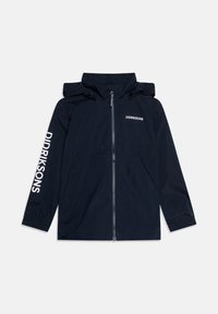 Tamsiai mėlyna striukė su užtrauktuku, gobtuvu ir elastingomis rankogaliais. Kairėje rankovėje ir krūtinės viršuje baltomis raidėmis užrašyta „DIDRIKSONS“.