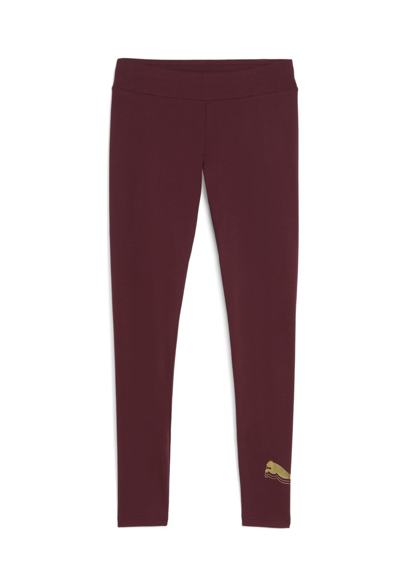 Mörkröda träningsleggings i elastiskt material, med en figurnära design och en gyllene logotypdetalj på nedre delen av benet.