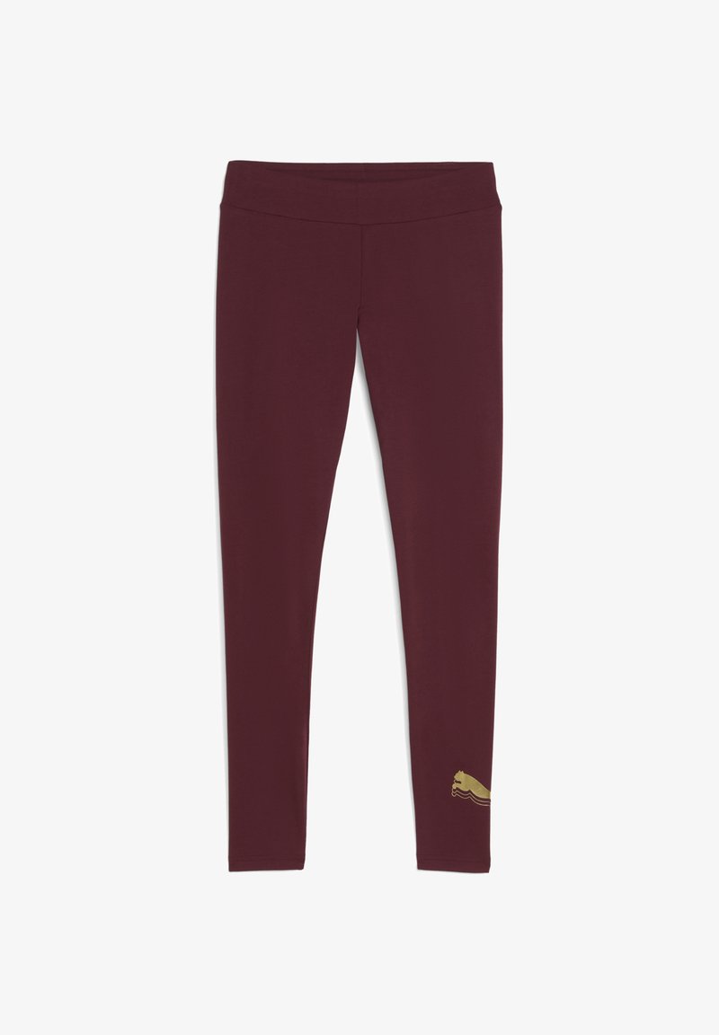 Bordeaux színű sportleggings, rugalmas anyagból, formailag testhezálló kialakítással, az alsó lábszárnál arany színű logó részlettel.