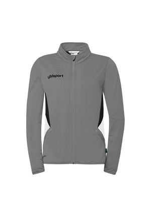 Veste de sport grise à fermeture éclair intégrale avec panneaux latéraux noirs, col montant, poches avant et logo "uhlsport" sur le côté gauche de la poitrine.