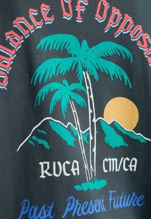 Deux palmiers bleu sarcelle devant des montagnes vertes avec un soleil jaune ; le texte indique « Équilibre des opposés », « RUCA » et « Passé Présent Futur ».