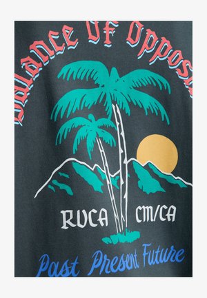 Deux palmiers bleu sarcelle devant des montagnes vertes avec un soleil jaune ; le texte indique « Équilibre des opposés », « RUCA » et « Passé Présent Futur ».