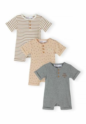 Trzy krótkie body niemowlęce z krótkim rękawem w beżowe paski, brązowe z czarnymi kropkami oraz szare z detalami na guziki i małym haftem tekstowym.