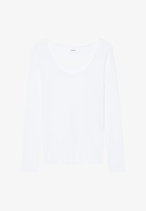 Długi rękaw, bluzka z okrągłym dekoltem w jednolitym białym kolorze. Posiada gładką fakturę i dopasowany krój z minimalnymi detalami.