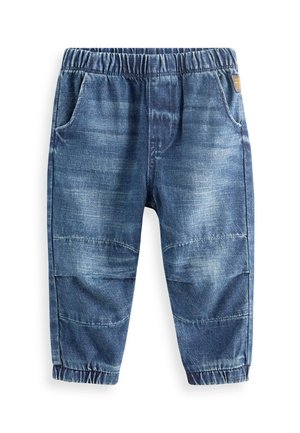 Pantalon jogger en denim bleu taille tout-petit avec taille et poignets élastiqués, poches avant et détails cousus aux genoux.