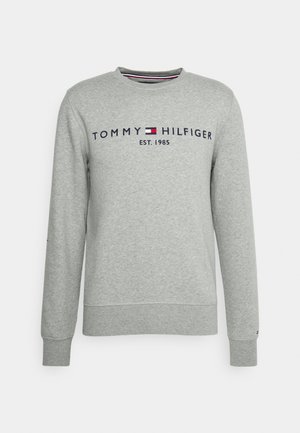 Grey sweatshirt made of cotton blend, featuring a crew neck, ribbed cuffs, and “TOMMY HILFIGER EST. 1985” logo in navy.
