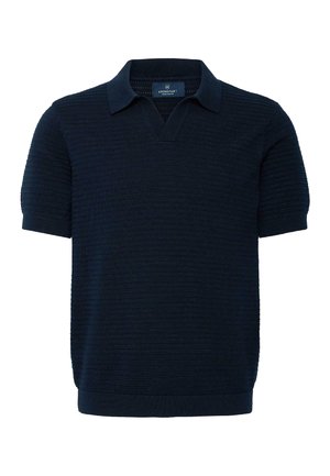 Marineblå kortærmet strikket polo-sweater med tekstureret horisontal ribstruktur og ribbet kant.