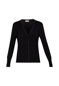 Cardigan nero realizzato in tessuto a maglia, con scollo a V profondo, maniche lunghe e chiusura a bottoni con un bordo testurizzato lungo la parte anteriore.