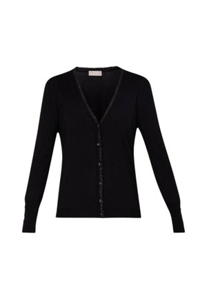 Cardigan nero realizzato in tessuto a maglia, con scollo a V profondo, maniche lunghe e chiusura a bottoni con un bordo testurizzato lungo la parte anteriore.