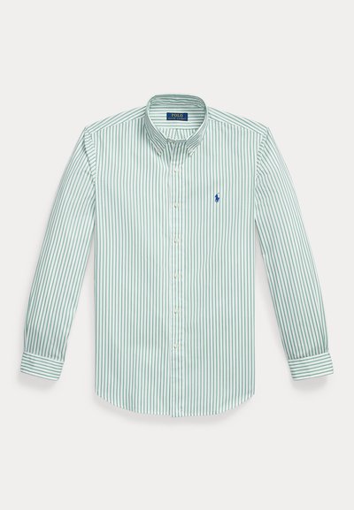 Button-up shirt in green and white vertical stripes, made of cotton. Features a classic collar, long sleeves, and a small logo on the chest.