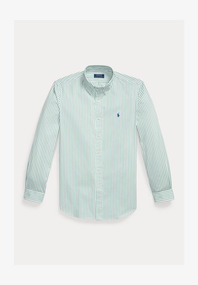 Button-up shirt in green and white vertical stripes, made of cotton. Features a classic collar, long sleeves, and a small logo on the chest.