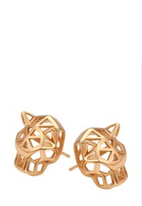 Et par guld geometriske åbne øreringe formet som stiliserede kattehoveder med trekantede ører og hule ansigtstræk.