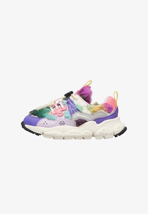 Chunky sneaker with multicolor fluffy fabric panels, cream laces, purple and pink accents, and thick textured off-white sole labeled "Flower Mountain."