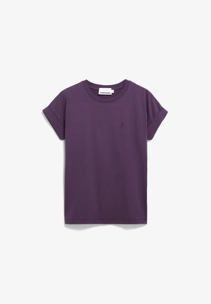 Paarse katoenen t-shirt met korte opgerolde mouwen en een ronde hals. Bevat een klein geborduurd logo op de linkerborst.