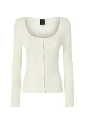 Cardigan lungo a maniche lunghe bianco a costine, con scollatura a girocollo, chiusura anteriore con bottoni e un design in tessuto texturizzato.