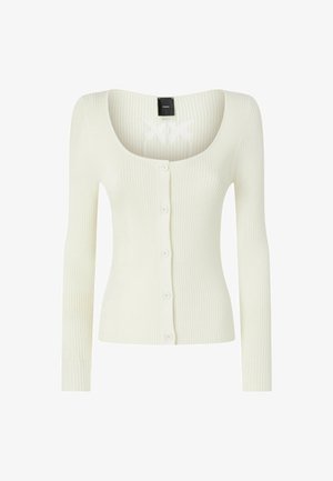 Cardigan lungo a maniche lunghe bianco a costine, con scollatura a girocollo, chiusura anteriore con bottoni e un design in tessuto texturizzato.