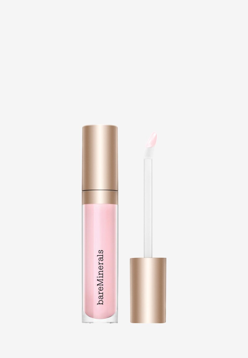 Lucidalip gloss BareMinerals in un tubo cilindrico trasparente con un cappuccio dorato; il prodotto è di un colore rosa pallido con un applicatore morbido.
