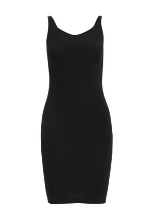 Melna bezpiedurkņu pieguļoša kleita ar apaļu izgriezumu, garums līdz ceļiem un pieguļošs siluets uz vienkārša baltā fona.