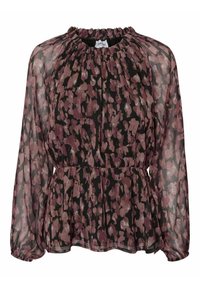 Blusa floreale a maniche lunghe in tessuto nero trasparente con un motivo astratto in rosa e burgundy, caratterizzata da un colletto e una vita arricciati.
