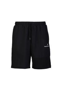 Schwarze Sportshorts mit elastischem Bund und Kordelzug, ausgestattet mit einer Seitentasche und einem strukturierten schwarzen Einsatz. Logo auf der unteren Vorderseite.