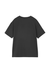 Schwarzes Baumwoll-T-Shirt mit lockerer Passform, kurzen Ärmeln und Rundhalsausschnitt. Glatte Textur ohne sichtbare Muster oder Akzente.