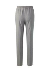 Grijze broek van gladde stof, met een elastische tailleband, een getailleerde pasvorm en subtiele plooidetails aan de voorkant.