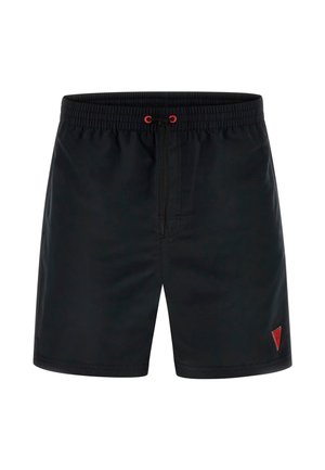 Miesten mustat uimashortsit, joissa on joustava vyötärönauha, punaisilla silmukoilla varustettu kiristysnauha ja pieni punainen kolmionmuotoinen logo vasemmassa lahkeessa.