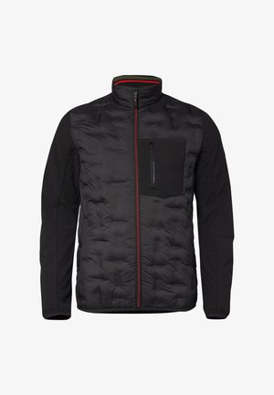Zwarte gewatteerde jas met ritssluiting aan de voorkant, borstzak met verticale ritssluiting en mouwen van gladde stof.