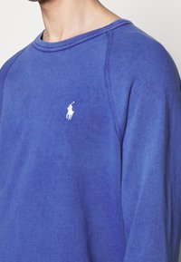 Blå bomullströja med rund halsringning, synliga sömmar och en liten vit logotyp på bröstet. Mjuk textur och avslappnad passform.