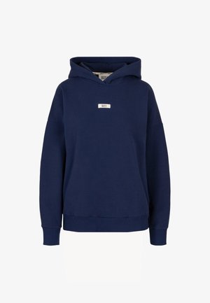 Marineblauwe capuchontrui met lange mouwen en een klein wit rechthoekig logohoekje midden op de borst met de tekst "BIZUU."