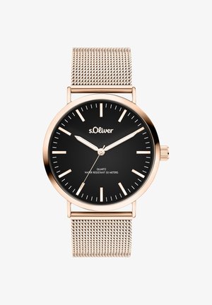 Quarzuhr mit schwarzem Zifferblatt, roségoldenem Gehäuse und Mesh-Armband. Wasserdicht bis zu 50 Meter, mit eleganten Stundenmarkierungen und Zeigern.