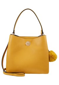 Bolso de mano de cuero amarillo con un diseño estructurado, ribetes negros, herrajes redondos en dorado y un pompon amarillo esponjoso como acento en el lateral.