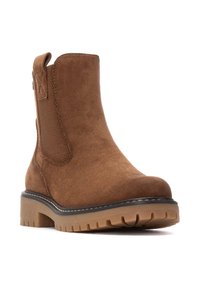 Botín de ante marrón hasta el tobillo con paneles laterales elásticos, un diseño elegante, suela de goma con estrías de tracción y detalles de costura en contraste.