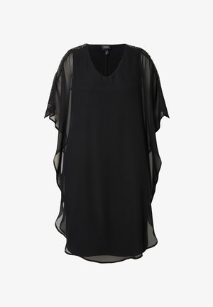 Túnica negra hecha de tela semitranslúcida con escote en V y mangas acampanadas, que presenta adornos de cuentas a lo largo de los hombros.