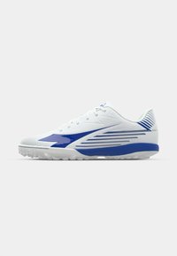 White athletic shoe with blue accents, textured mesh upper, curved design, and rubber outsole with grip patterns. Laced closure for secure fit.