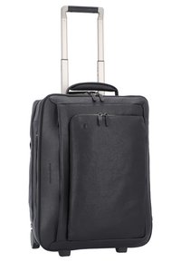 Valigia nera con ruote, manico telescopico, texture in pelle, tasca frontale con zip e ruote lisce. Progettata per un facile trasporto.