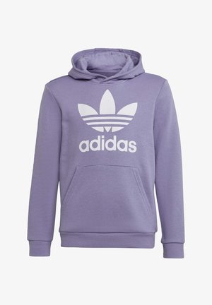 Liliowa bluza Adidas z kapturem, z przodu kieszeń kangur oraz biały nadruk logo trefoil na piersi, długie rękawy i przyszyty kaptur.